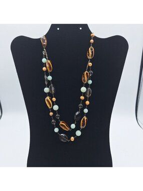 DOUBLE STRAND BROWN ROOT BEER GLASS CLEAR SMOKEY WHITE BLUE GOLD BEADS NECKLACE